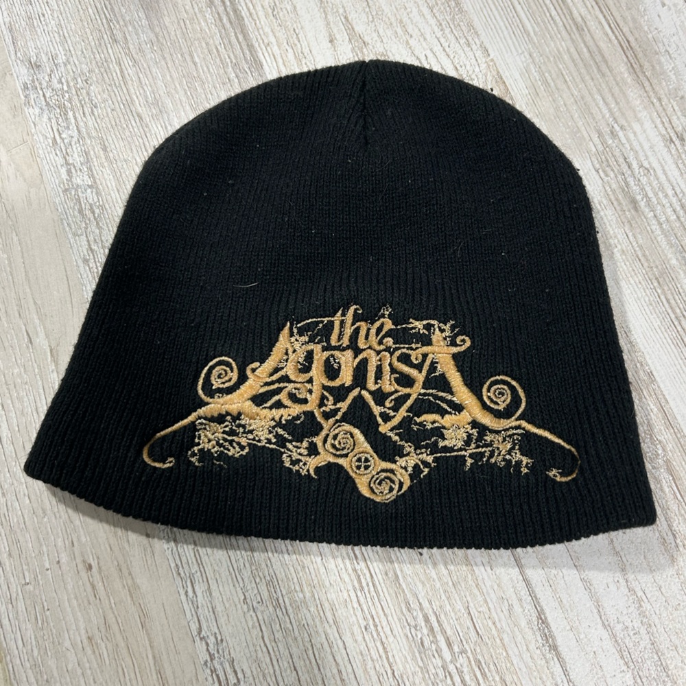 Black Knit Beanie with Gold Embroidery